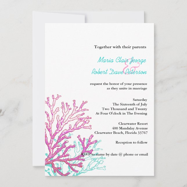 Invitación coralina moderna de la boda del destino (Anverso)