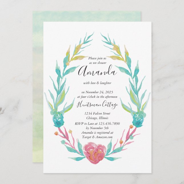 Invitación Corazón acuático y ducha de novia con marco floral (Anverso / Reverso)