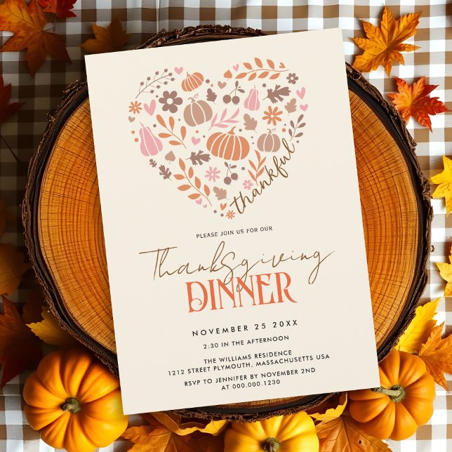 Invitación Corazón agradecido con calabazas Cena de Acción de (Subido por el creador)