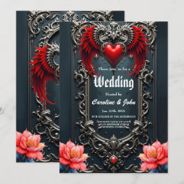 Invitación Corazón Alado Carmesí Romance Gótico Elegante .