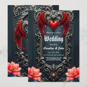 Invitación Corazón Alado Carmesí  Romance Gótico Elegante . 