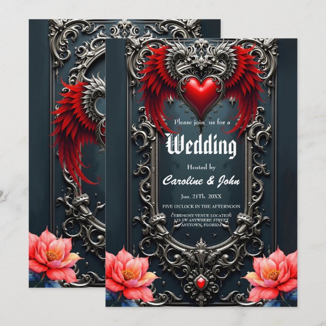 Invitación Corazón Alado Carmesí  Romance Gótico Elegante .  (Anverso / Reverso)