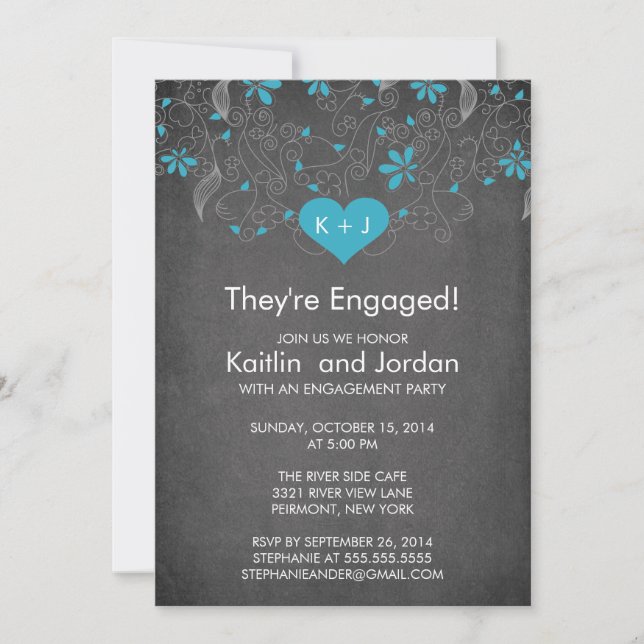 Invitación Corazón azul Chalkboard con partido de compromiso  (Anverso)