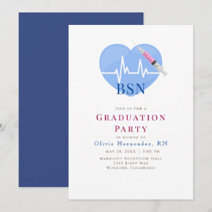 Invitación Corazón azul claro, latido y enfermería de jeringa