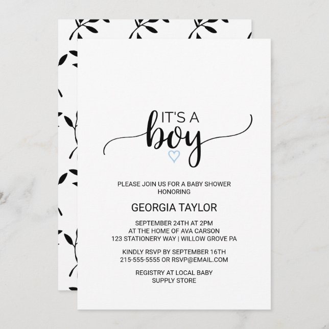 Invitación Corazón azul | Simple caligrafía negra es un chico (Anverso / Reverso)