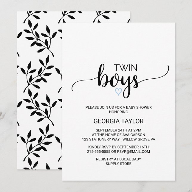 Invitación Corazón azul | Simple caligrafía negra Twin Boys (Anverso / Reverso)