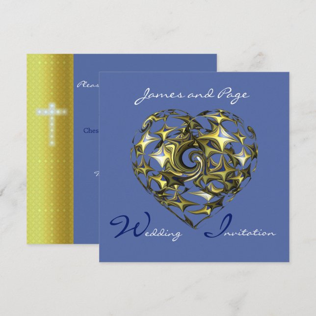 Invitación Corazón azul y dorado con cruz (Anverso / Reverso)