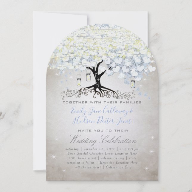 Invitación Corazón azul y plata Hoja árbol Madera Boho Boda (Anverso)