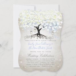 Invitación Corazón Azul y Plateado Hoja Árbol Bosque Boho Bod