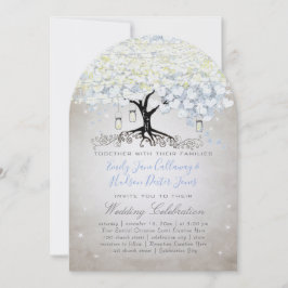 Invitación Corazón Azul y Plateado Hoja Árbol Bosque Boho Bod