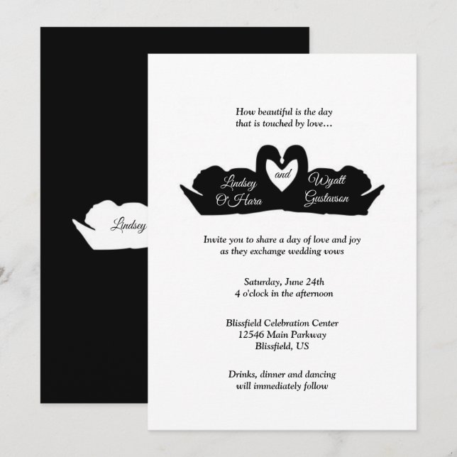Invitación Corazón Blanco y Negro & Cisnes Boda Minimalista M (Anverso / Reverso)