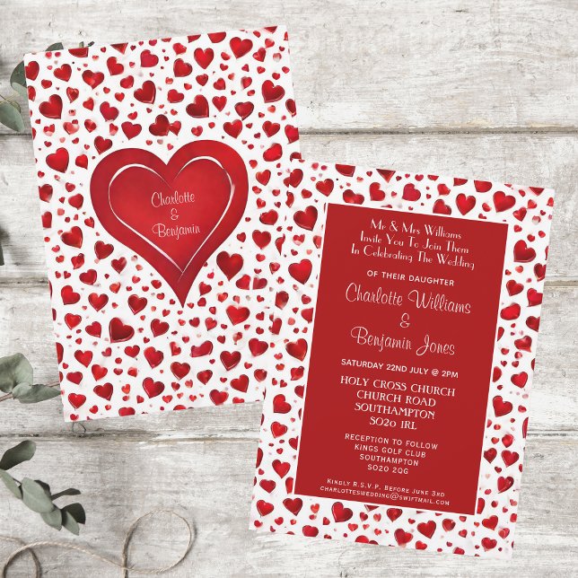 Invitación Corazón Blanco Y Rojo Divertido Boda De San Valent (Front And Back)