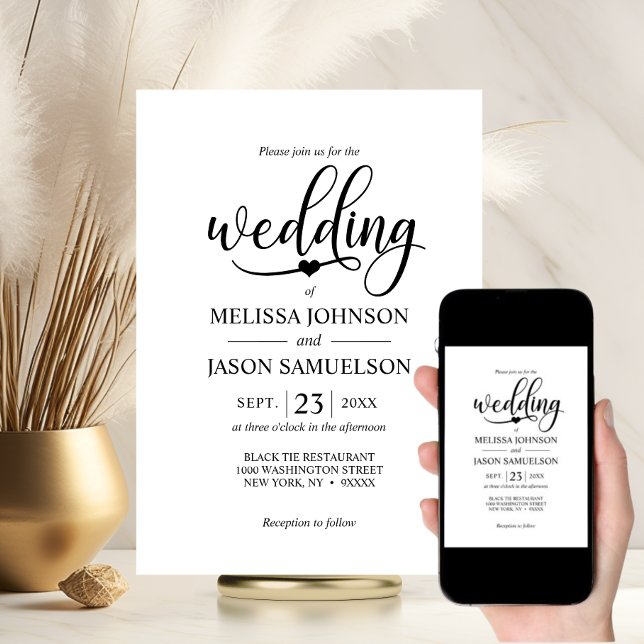 Invitación Corazón Boda blanco negro moderno | DIGITAL (Modern Black White Wedding Heart  DIGITAL Invitation | DOWLOADABLE Download)