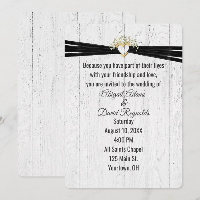 Invitación Corazón boda con cinta negra en la madera (Anverso / Reverso)