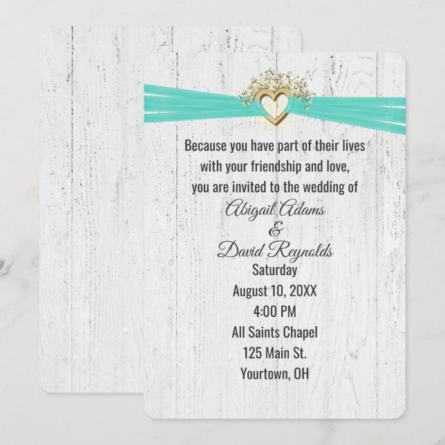 Invitación Corazón boda con cinta turquesa en madera (Anverso / Reverso)