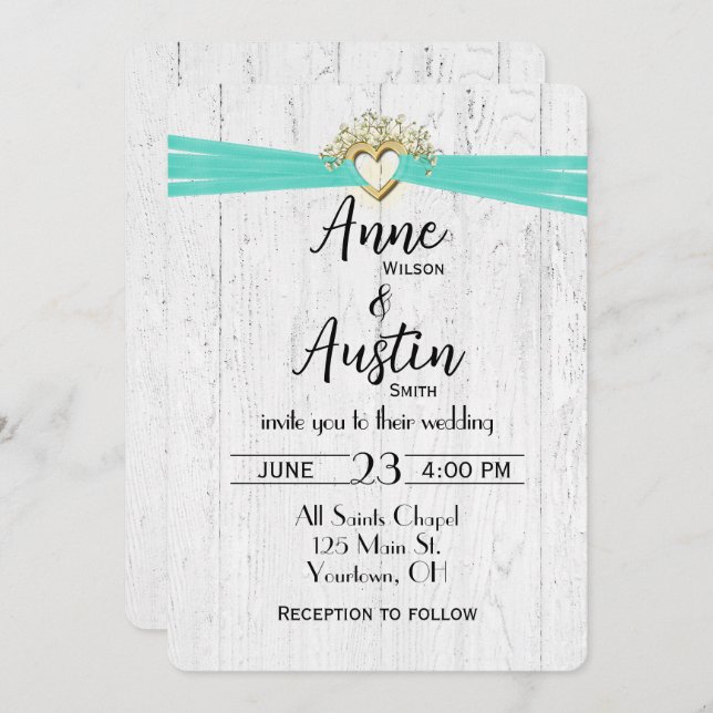 Invitación Corazón boda con cinta turquesa en madera (Anverso / Reverso)