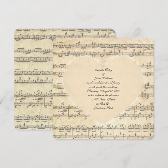 Invitación corazón boda de sepia en la música (Anverso / Reverso)