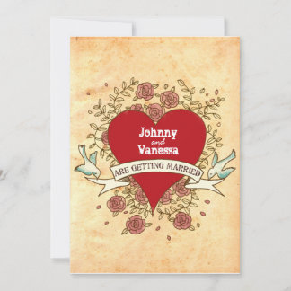 Invitación Corazón bohemio, Rosas, pájaros y Boda de pancarta