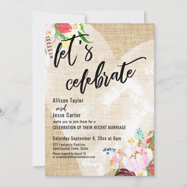 Invitación Corazón Boho Floral Arpillera Celebremos Recepción (Anverso)