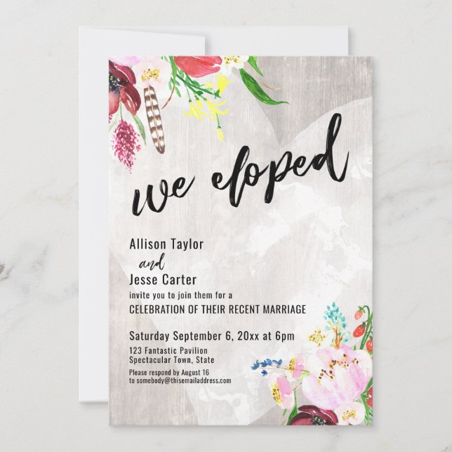 Invitación Corazón Boho Floral Rústico Madera Nos Fugamos Fie (Anverso)