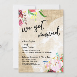 Invitación Corazón Boho Flores Arpillera Nos Casamos Recepció