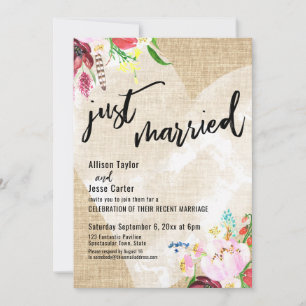Invitación Corazón Boho Flores Arpillera Recién Casados Recep