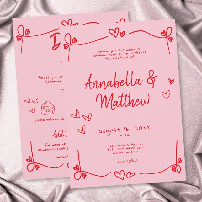 Invitación Corazón caprichoso dibujado a mano rosa Boda moder (Pink Hand Drawn Heart Whimsical Modern Wedding Invitation)
