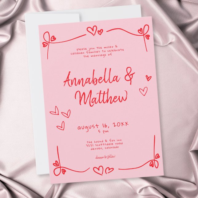Invitación Corazón caprichoso dibujado a mano rosa Boda moder (Pink Hand Drawn Heart Whimsical Modern Wedding Invitation)