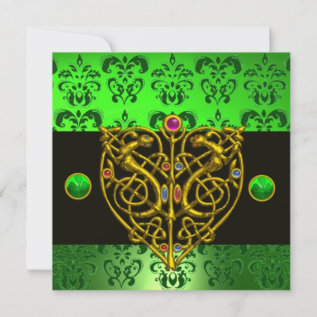 Invitación CORAZÓN CELTA DE SAN PATRICK Verde Damask (Anverso)