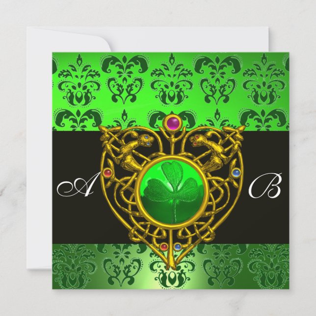 Invitación CORAZÓN CELTA DEL DÍA DE SAN PATRICK Damask Verde  (Anverso)