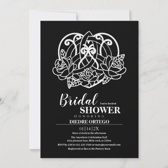 Invitación Corazón Celta Negro Knot Floral Bridal Shower (Anverso)