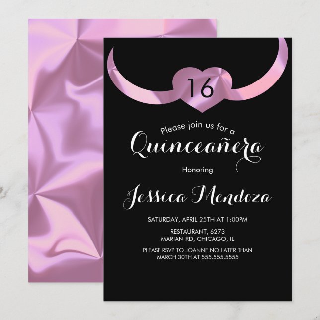 Invitación Corazón Corona Quinceañera dulce 16 Relieve metali (Anverso / Reverso)