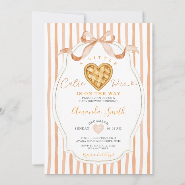 Invitación Corazón Cortie Pie Stripes Bow Baby Shower (Anverso)