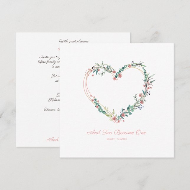 Invitación Corazón de acuarela floral con hojas en rosa (Anverso / Reverso)