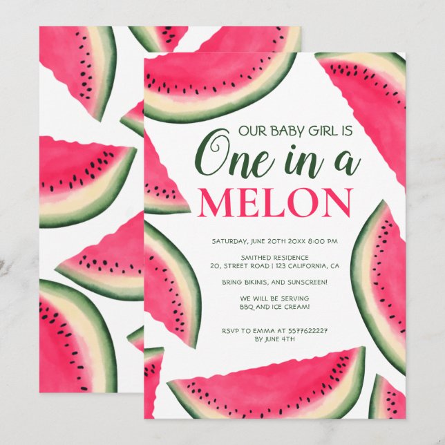 Invitación Corazón de agua de la sandía tropical Primer cumpl (Anverso / Reverso)