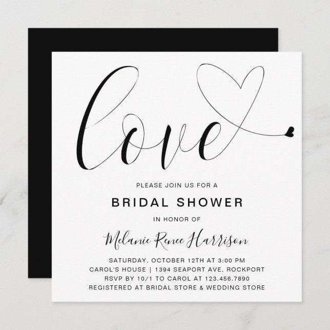 Invitación Corazón de amor blanco negro lindo ducha de novia  (Anverso / Reverso)