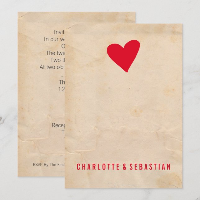 Invitación Corazón de amor rojo moderno simple Boda contempor (Anverso / Reverso)