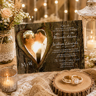 Invitación Corazón de árbol de madera rústica foto boda