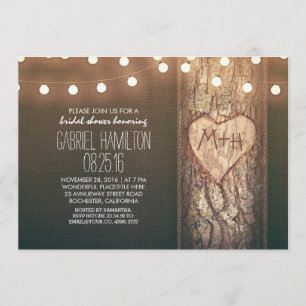Invitación corazón de árbol rústico y luces de cuerdas ducha