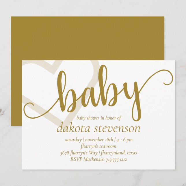 Invitación Corazón de Bebé | Elegante ducha o revelación de g (Anverso / Reverso)