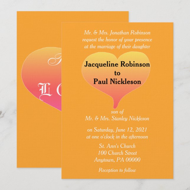 Invitación Corazón de boda de puesta de sol naranja (Anverso / Reverso)