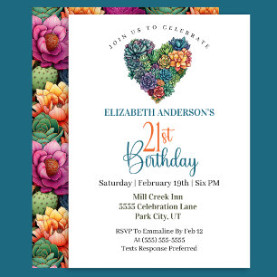 Invitación Corazón de Cactus Bonito Cumpleaños 21