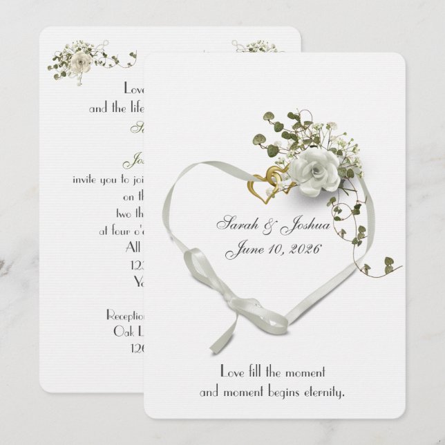 Invitación Corazón de cinta blanca boda con anillo de invitac (Anverso / Reverso)