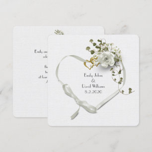 Invitación corazón de cinta blanca boda y ramo de rosa