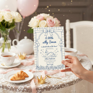 Invitación corazón de cisne azul cinta de gingham floral niña