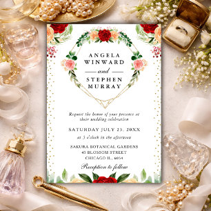 Invitación Corazón de Corona de Rosas Rojas y Anaranjadas Bod