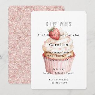 Invitación Corazón de Cumpleaños con Brillo y Cupcake de Fres