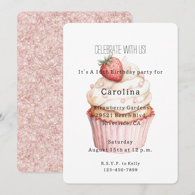 Invitación Corazón de Cumpleaños con Brillo y Cupcake de Fres (Anverso / Reverso)