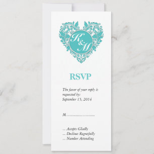 Invitación Corazón de Damasco azul turquesa y blanco de Heart