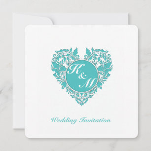 Invitación Corazón de Damasco Blanco y azul turquesa de Heart